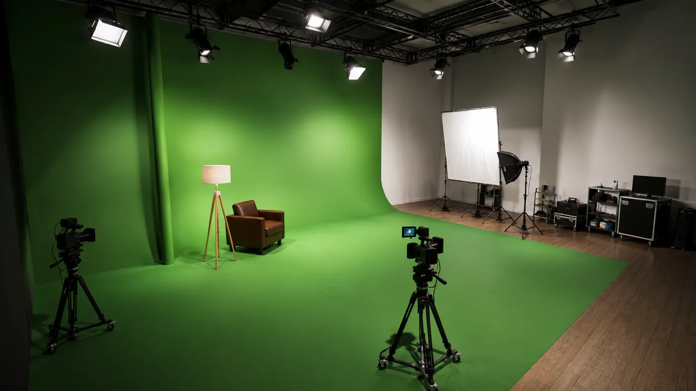 Le plateau fond vert du Studio 715 à Orléans : cyclorama, grill d'éclairage et deux caméras sur pied