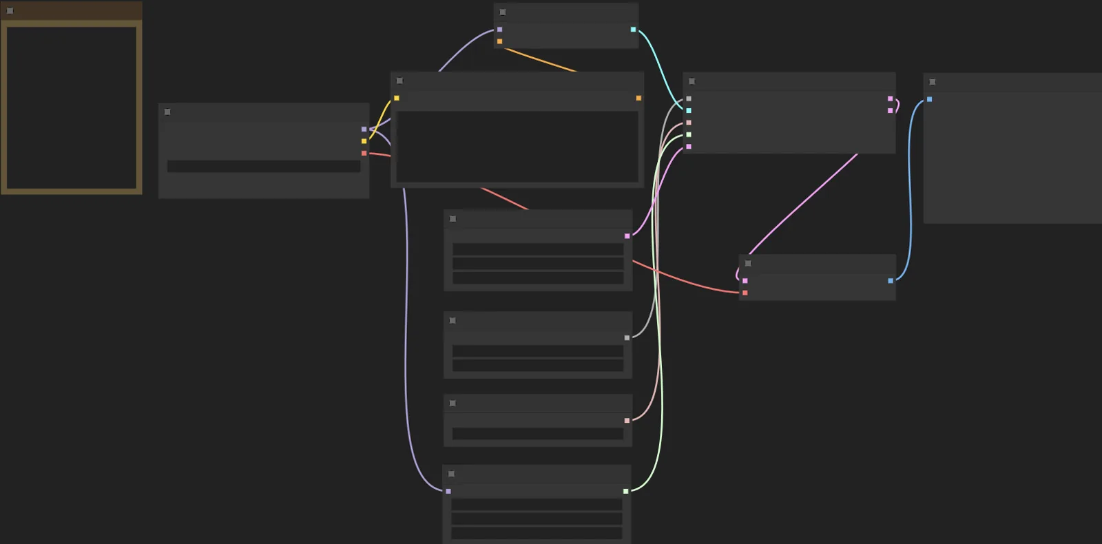 Graphe de nœuds du workflow : blocs reliés par des connexions colorées